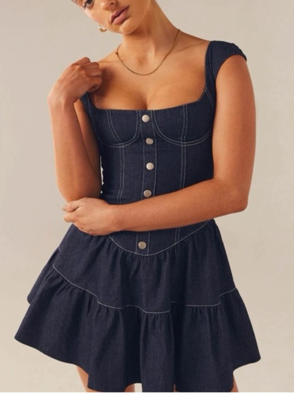Peppermayo | Isabella Denim Bustier Dress Size 4 Blue Fit Flare Cap Sleeves - Picture 2 of 15